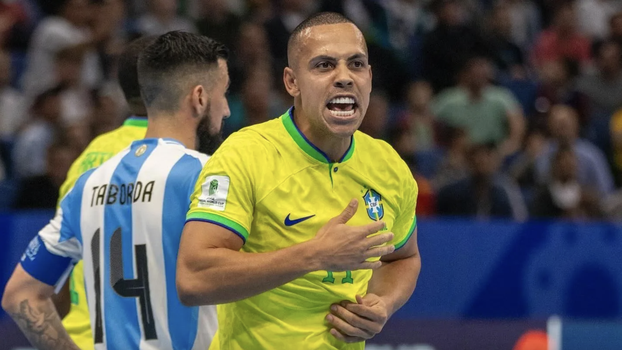 Ferrao mừng bàn mở tỷ số trong trận Brazil thắng Argentina 2-1 ở chung kết futsal World Cup 2024. Ảnh: CBF